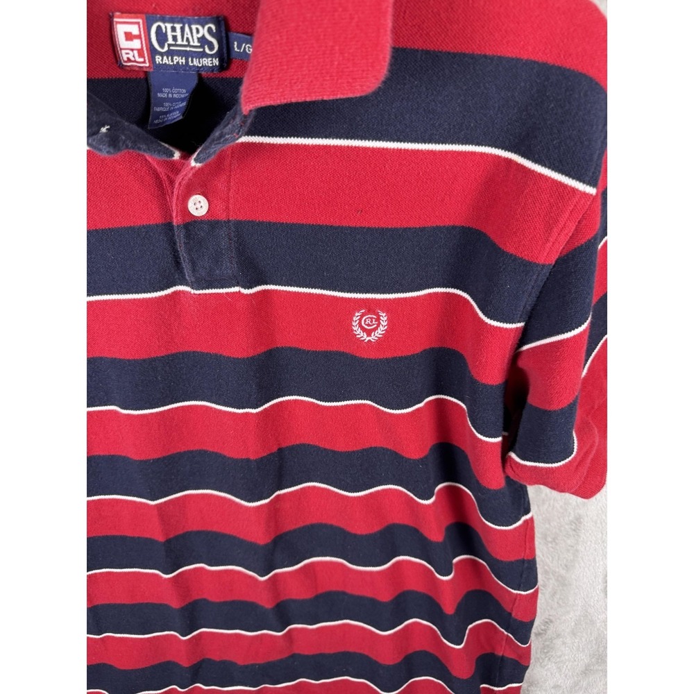 Chaps Ralph Lauren Polo Shirt Mens Large Red Navy Striped Short Sleeve Casual - Picture 2 of 9